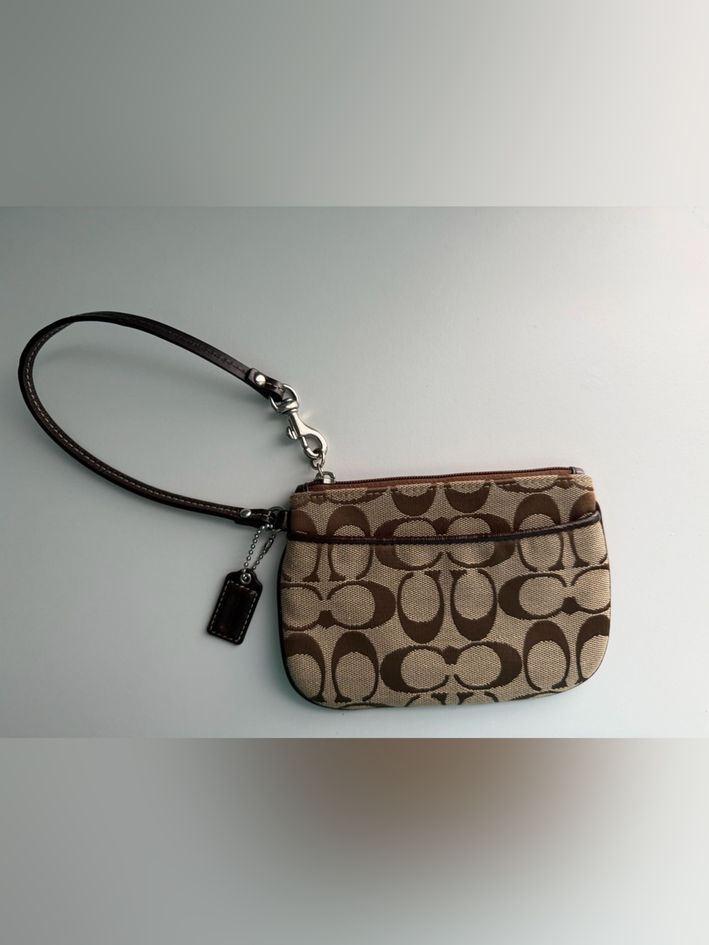 Vintage Coach Signature Canvas Mini Wristlet Pouch in Khaki/Chocolate Brown